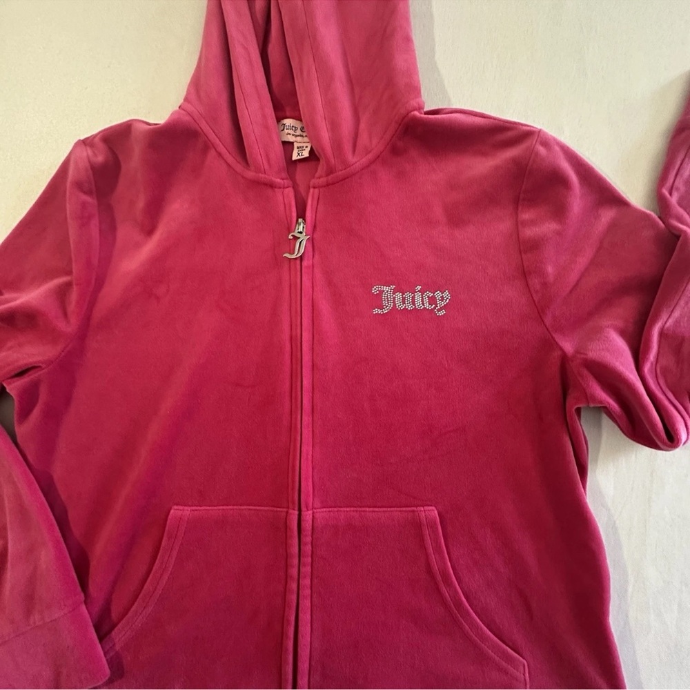 JUICY COUTURE Velvet Tracksuit Bling Hoodie & Pants Hot Pink Size XL Retro Y2K - Picture 3 of 16